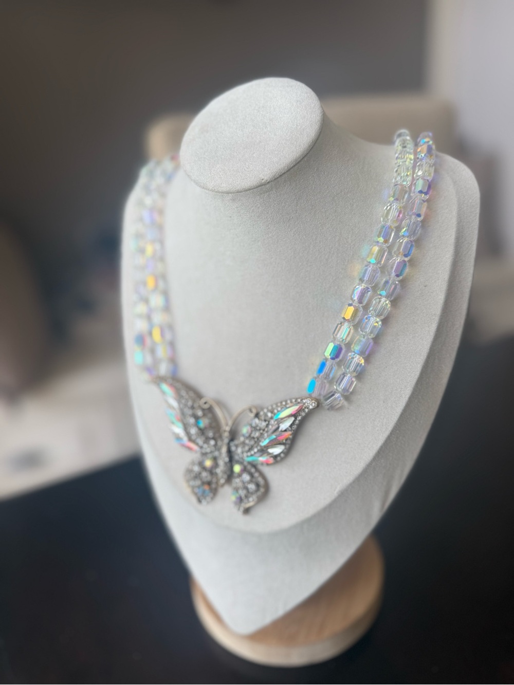 Iridescent Crystal Double Strand Butterfly Statement Necklace by Aurora Borealis - Picture 2 of 7